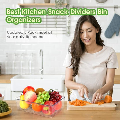 ZIZOTI Snack Organizer for Pantry Shelf, 2 Pack Clear Plastic Pantry Storage Bins with 3 Dividers for Snacks, Spices, Chips Food Organizer, Stackable Pantry Organizers for Kitchen, Fridge, Cabinet