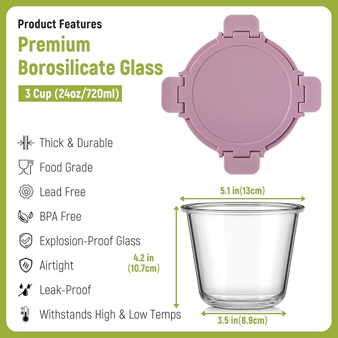 [UPGRADED LID] 6 Sets 3 Cup/24oz Borosilicate Glass Meal Prep Containers with Lids, Food Storage Bowl Jars for Soup Leftover Meal Lunch Oats Fruit Deli Salads - Microwave, Oven, Freezer Safe -BPA Free