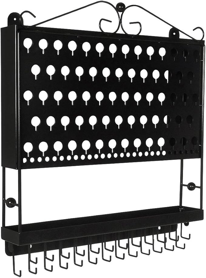 JR20-FB Flat Black Wall Mounted Organizer Necklace Holder Earring & Jewelry Display Rack with Tray