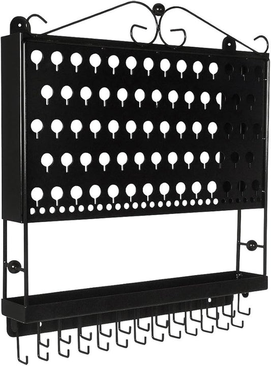 JR20-FB Flat Black Wall Mounted Organizer Necklace Holder Earring & Jewelry Display Rack with Tray