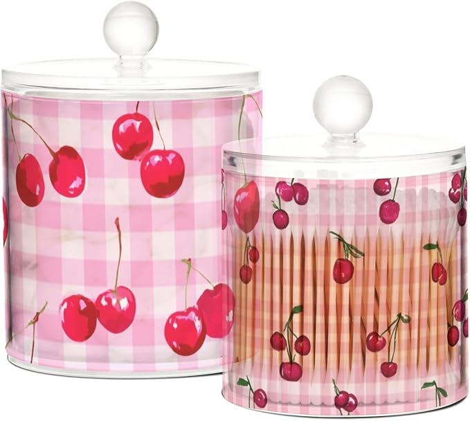 2 Pack Qtip Dispenser Apothecary Jars with Lids Cotton Round Holder Bathroom Canisters for Cotton Swab Floss Ball Pads Clear Plastic Decorative Pink Checkered Cherry