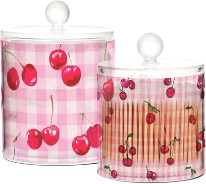 2 Pack Qtip Dispenser Apothecary Jars with Lids Cotton Round Holder Bathroom Canisters for Cotton Swab Floss Ball Pads Clear Plastic Decorative Pink Checkered Cherry