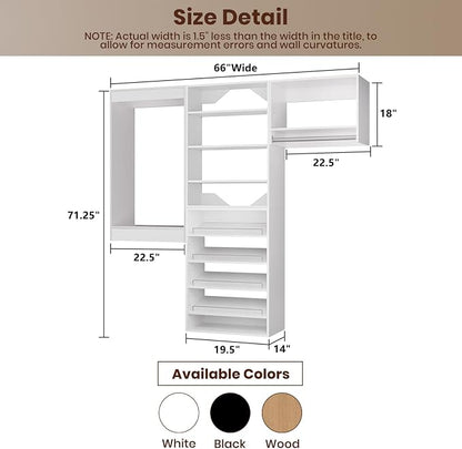 ROOMTEC Modular Closet System, 66" Wall Mounted Modern Closet Organizer with Hanging Rods and Shoe Shelf, Wooden Tower for Walk-In Closets, Wardrobe Storage Kit, White