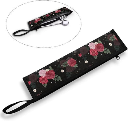 COEQINE Travel Silverware Holder Case Flatware Organizer For Drawer 11 Inch Wide and 2.7 Inch Carrying Bag Storage Case For Knife Fork Spoon, Red Rose Floral Retro Style