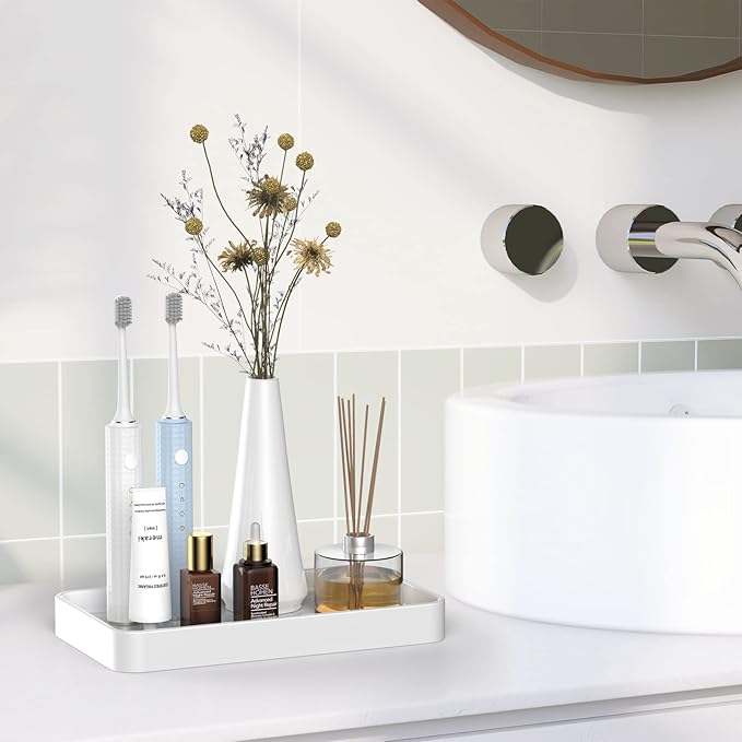 Gurygo 10" Bathroom Countertop and Vanity Tray - Kitchen Tray for Soap Bottles - Ceramic Vanity Tray for Bathroom Counter Organization - Kitchen Tray(White, Set/1)
