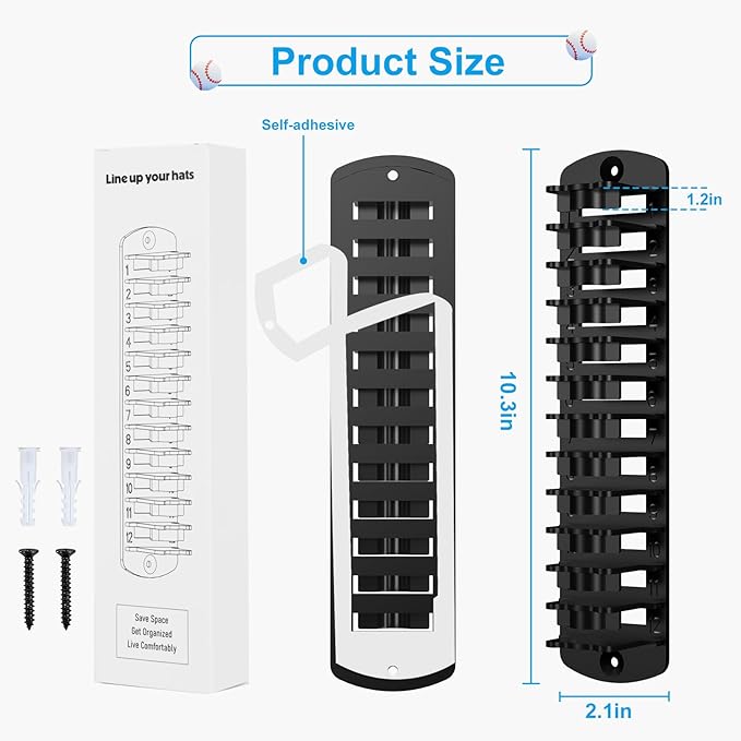 Hat Organizer for Baseball Caps, 2 Pack Hat Rack for Wall Hold up to 20 Hats, Strong Adhesive Hat Storage Display Holder, Wall Mounted Hat Hooks Cap Holders for Door Closet Bedroom (2)