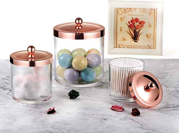 SheeChung 3-Pack Plastic Apothecary Jars with Rose Gold Metal Lids - Large 50oz, 25oz & 15oz Acrylic Storage Set - Shatterproof Laundry Room & Bathroom Organizer - Modern Minimalist Chic Decor