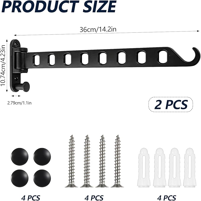 2 Pack Swing Arm Clothes Hanger Rack Wall Mount, Laundry Room Drying Rack with Swing Arm, 8 Holes and 180°Rotation, Swing Away Hanger Rack, Sturdy Hanging, Solid Aluminum (Black)