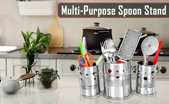 Self Draining Tableware Utensil Storage Box- Spoon,Knife,Fork,Chopstick,Steel Cutlery Holder/Organizer Stand For Kitchen Kitchen Utensil Organizer, 3 Compartments, Silver, Storage RacK