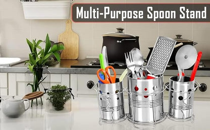 Self Draining Tableware Utensil Storage Box- Spoon,Knife,Fork,Chopstick,Steel Cutlery Holder/Organizer Stand For Kitchen Kitchen Utensil Organizer, 3 Compartments, Silver, Storage RacK