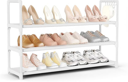VILICK Shoe Rack for Closet Shoe Organizer Space Saver Storage for 12-15 Pair Shoe Shelf with Hook Free Standing 3 Tier Shoe Rack Organizer for Entryway, Small Spaces, White