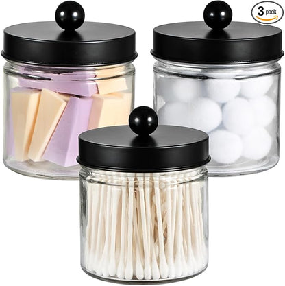 SheeChung Bathroom Organizers and Storage - 3Pack Qtip Holders Bathroom Canister Apothecary Jars for Cotton Swabs, Rounds, Balls, Qtips,Makeup Sponges, Flossers,Bath Salts - Black