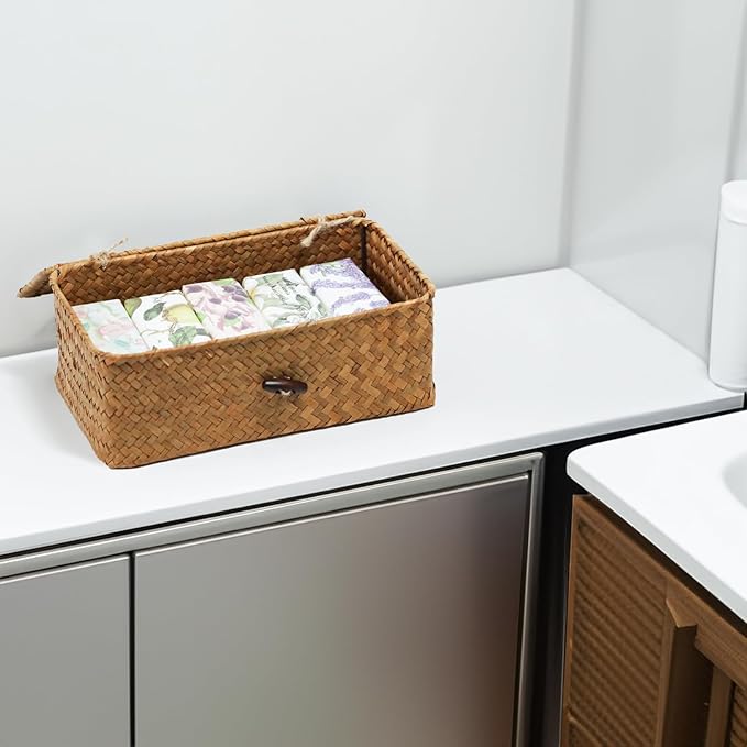 Set of 2 Wicker Basket with Lid, Seagrass Woven Basket for Storage, Decorative Storage Baskets Bins for Organizing Home
