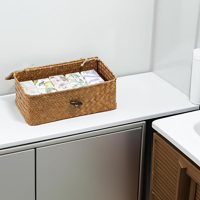Wicker Storage Basket with Lid, Natural Seagrass Storage Baskets for Organizing, Rectangular Woven Basket for Storage, Decorative Boxes Bins with Lids Home Organizer Decor