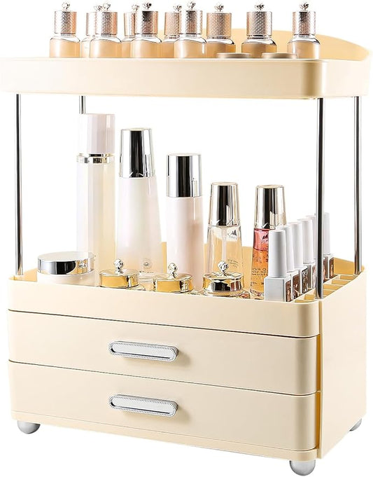 DASITON 4 Tiers Makeup Organizer, 2 Drawers Large Cosmetic Organizers for Vanity Bathroom Countertop, Bathroom Organizers and Storage for Skincare, Cosmetic, Perfume, Dresser Organizer (Cream+Cream)