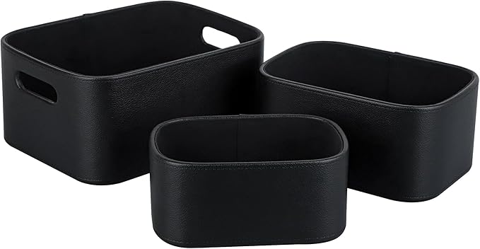 HofferRuffer Faux Leather Storage Baskets Bins with Velvet Lining for Organizing, Storage, Gifts, Set of 3 Nesting Shelf Baskets Decorative Storage Boxes for Home Organization (Black)