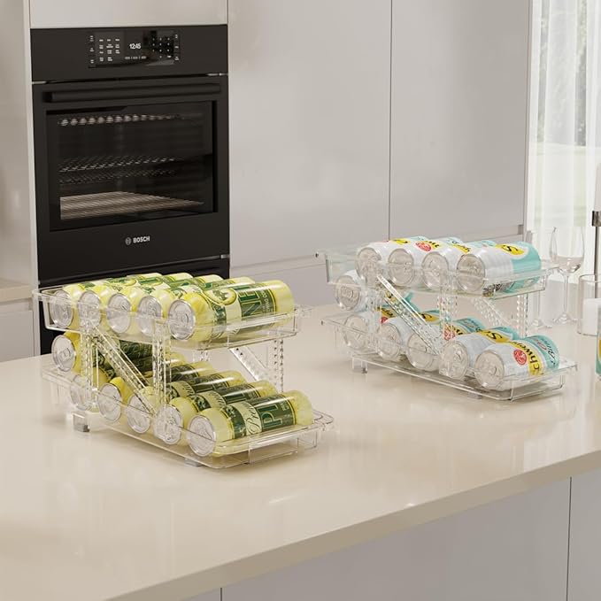 Xicennego Adjustable Soda Can Organizer for Refrigerator, Cabinets, Countertops, Beverage Can Dispenser for Fridge, for Standard Cans, Skinny Cans, And Tall Cans (Clear)