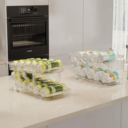 Xicennego Set of 2 Adjustable Soda Can Organizer for Refrigerator, Cabinets, Countertops, Beverage Can Dispenser for Fridge, for Standard Cans, Skinny Cans, And Tall Cans (Clear)