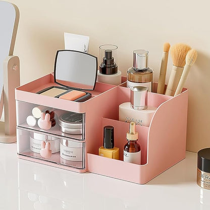 Makeup Storage Organizer with 2 Drawers, Desk Vanity Countertop Skin Care Cosmetic Display Case Make up Stands for Hair Accessories Lipstick Lotions Beauty Skincare Organizing (Pink)