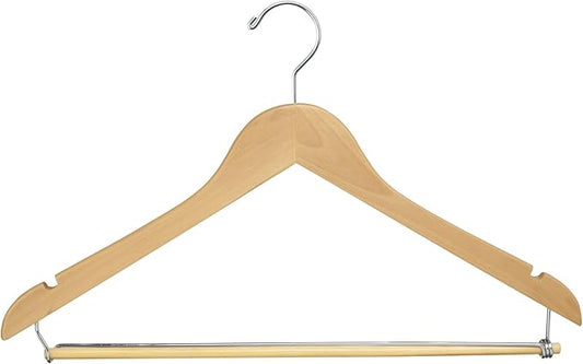 Econoco Wooden Hangers with Chrome Hook, Deluxe Durable Natural Finish Blouse and Dress Hangers, Pack of 100 (Flat Hanger with Spring Lock Bar)