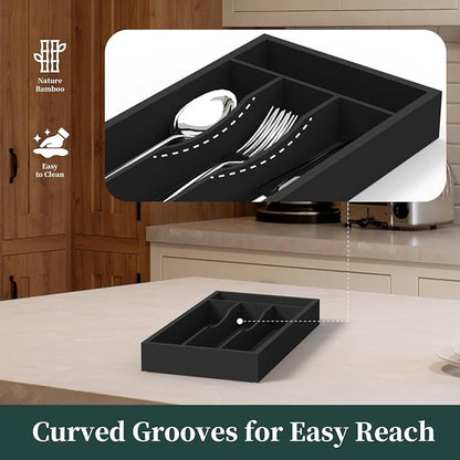 Small Silverware Organizer, Bamboo Kitchen Drawer Organizer, Utensil Holder, Cutlery Tray & Spoon Flatware Storage with Grooved Drawer Dividers (Black, 6.7''W x 12''D)