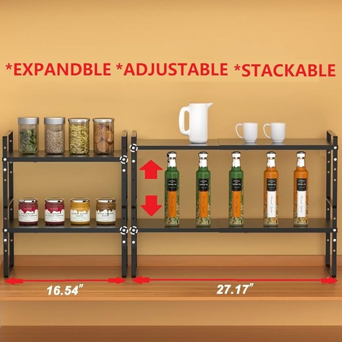 Jojocross Expandable Stackable Spice Rack Cabinet Shelf Organizer in Cabinets Shelves Kitchen Cupboard Organization Stack up Racks Pantry Countertop Storage Large/Black 2 Packs