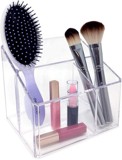 Isaac Jacobs Clear Acrylic 3-Compartment Organizer, Remote Holder & Multi-Functional Makeup, Brush, Pen & Pencil Storage Solution, for The Home, Bathroom, Office, Child’s Desk (3-Section, Clear)