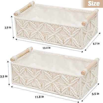 HOSROOME Macrame Storage Basket Boho Decor Baskets for Organizing Woven Decorative for Countertop Toilet Paper Basket for Tank Top for Home Decor Bedroom Nursery Livingroom Entryway (Set of 2)