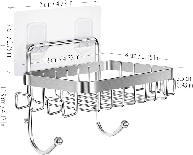 ODesign Soap Dish Holder SUS304 Stainless Steel with 6 Hooks Loofah Bath Sponge Towel Razor Holder for Bathroom Shower Kitchen Adhesive Wall Mounted No Drilling-Silver-1 Pack