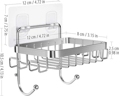 ODesign Soap Dish Holder SUS304 Stainless Steel with 6 Hooks Loofah Bath Sponge Towel Razor Holder for Bathroom Shower Kitchen Adhesive Wall Mounted No Drilling-Silver-1 Pack