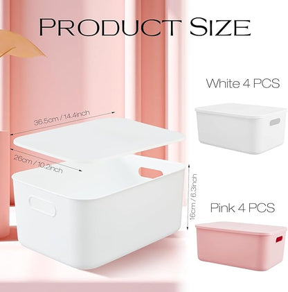Hoolerry 8 Pieces Colorful Storage Bins with Lid, Plastic Storage Basket Organizing Container Stackable Box with Handle for Shelves Desktop Playroom Office(13.8 x 9.8 x 5.9 Inch,White and Pink)