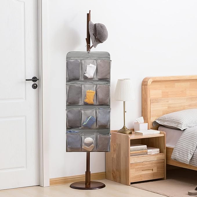 Dual Sided Hanging Shoe Organizer for Closet with Rotating Hanger Hanging Shoe Rack Holder with 24 Large Pockets (Grey-Mesh Pockets)