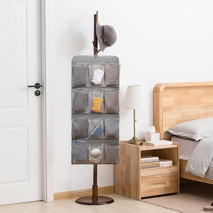Dual Sided Hanging Shoe Organizer for Closet with Rotating Hanger Hanging Shoe Rack Holder with 24 Large Pockets (Grey-Mesh Pockets)