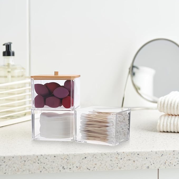 Hipiwe 3 Tiers Acrylic Cotton Swab Organizer Clear Qtip Holder with Lid Stackable Bathroom Accessories Storage Box for Office Living Room Bathroom, 3.7 x 3.5 x 7.8 Inch