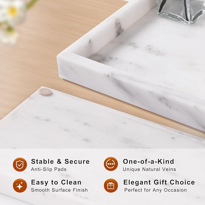 Bathroom Tray for Countertop, Marble Perfume Tray for Dresser Organizer, Marble Tray for Bathroom Counter & Home Decor, Natural Decorative Stone Vanity Trays, 12" x 8", Starry White