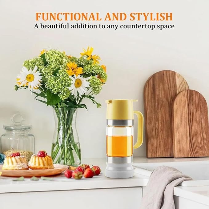 Honey Dispenser No Drip with Base, 12oz Glass Honey Jar Pot with One-Press Mess-Free Pouring, Multi-Purpose Syrup Dispenser Honeys Container for Pancakes Coffee Tea Salad