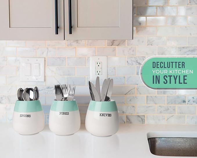 Comfify Ceramic Honeypot Cutlery Holder – Set of 3 – Sage Green and White Farmhouse Silverware Caddy for Kitchen Countertop – Spoon, Fork & Knife Organizer for Parties – Rustic Ceramic