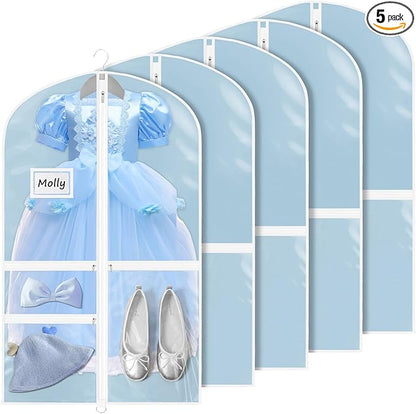 Univivi Dance Costume Garment Bags for Kids, 40 Inch Foldable Hanging Garment Bags for Dancers with Clear PVC Window and 3 Zipper Pockets, Blue(5 Pack)
