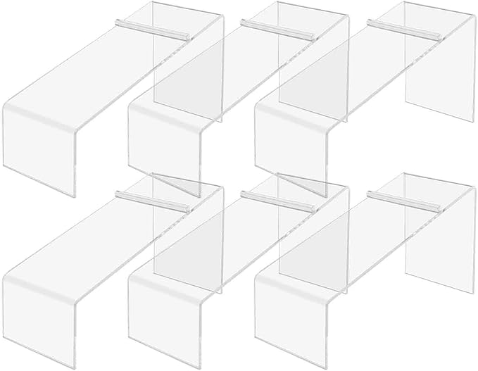 6 Pack Acrylic Shoe Display Stand Clear Premium Lucite 4 Inch Wide x 5 Inch High Slanted Footwear Showcase Riser with Heel Stop for Retail Shops and Clothing Stores by Marketing Holders