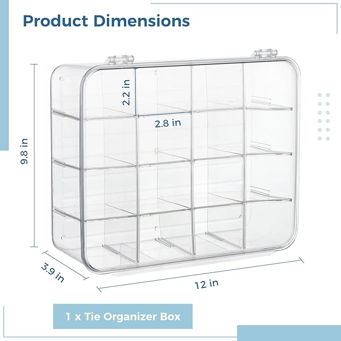 Varku Tie Organizer Box, 16-Cell Clear Tie Rack Organizer, Stackable Tie Display Rack, Drawer Closet Storage Bin with Lid, Storage Box for Ties (16 Cell)