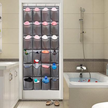Over The Door Hanging Shoe Organizer Shoe Rack Hanger 24 Large Fabric Pockets Holder with 4 Sturdy Hooks (GREY)