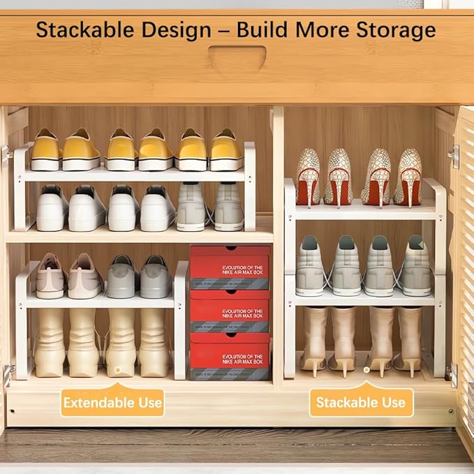 Expandable 1-Tier Metal Shoe Rack (H:7"), Adjustable Width 14.9"–23.6", Heavy-Duty Free-Standing Shoe Shelf for Closet, Entryway & Small Spaces – Single Pack