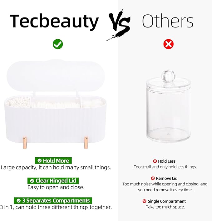 Tecbeauty Qtips Holder, 3 Grids Separate Cotton Swabs Ball Dispenser, Storage Box, Jar for Cotton Pads Bathroom Organizer Canisters - White