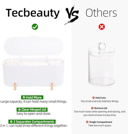 Tecbeauty Qtips Holder, 3 Grids Separate Cotton Swabs Ball Dispenser, Storage Box, Jar for Cotton Pads Bathroom Organizer Canisters - White