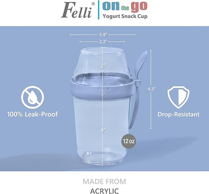 Felli On the Go Yogurt Parfait Snack Cup with Lid 100% Leak Proof, Reusable Travel Container with Spoon + Fruit & Granola Holder for To Go Cereal, Overnight Oats, Chia Pudding Jar (2, Blue Moon)
