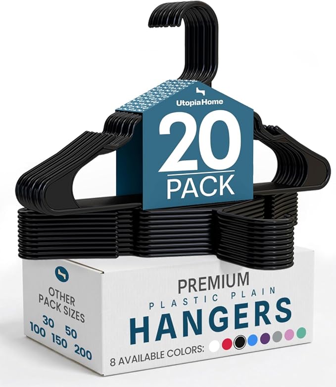 Utopia Home - Plastic Hangers 20 Pack - Space Saving Clothes Hanger - Durable and Strong Closet Organizers and Storage Makes It Ideal Stocking Stuffers or Apartment or Dorm Room Essentials (Black)