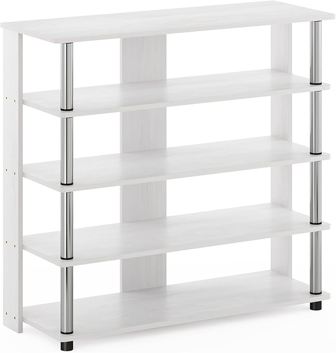 Furinno Turn-N-Tube 5 Tier Wide Shoe Rack, White Oak, Stainless Steel Tubes 32 Inch