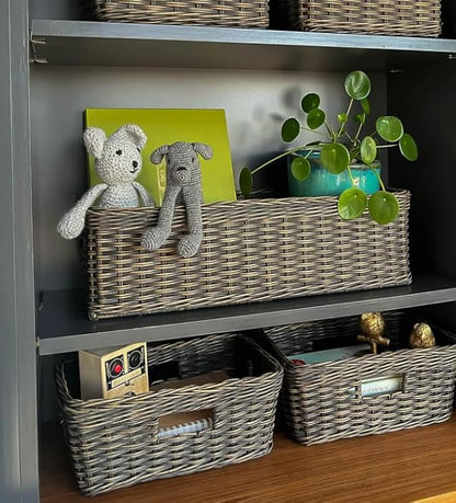 The Basket Lady Narrow Rectangular Wicker Storage Basket, Small, 16 in L x 6 in W x 5 in H, Antique Walnut Brown