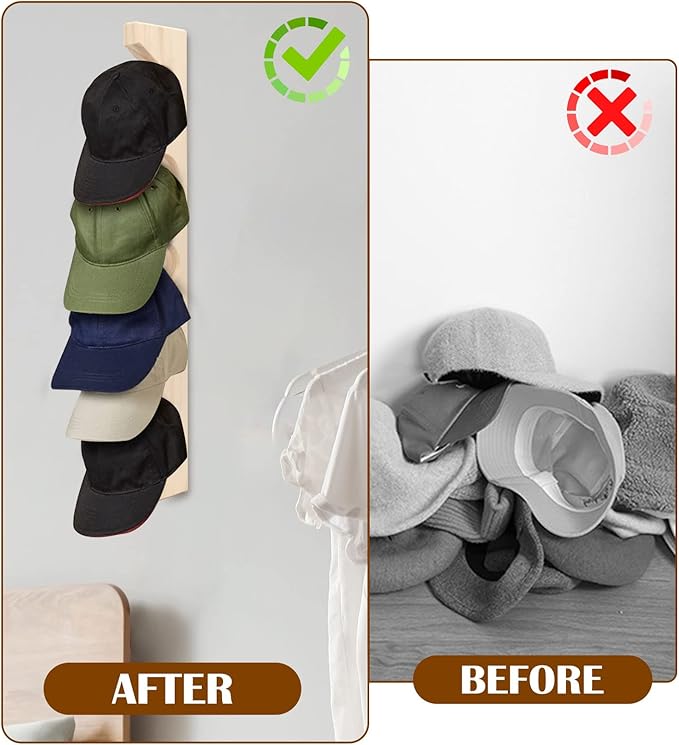 ZYP 2 PCS Hat Rack for Wall Wooden Baseball Caps Organizer Wall Mount Baseball Hat Holder Wall Vertical Hat Racks for Closet Door Bedroom Entryroom Laundry