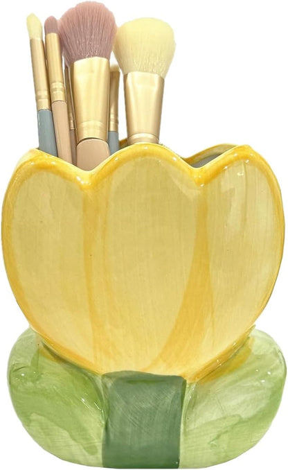 1 PC Ceramic Tulip Make up Brush Holder Flower Toothbrush Holder Cosmetic Storage Box Pen and Pencil Holder Desktop Organizers (Yellow)